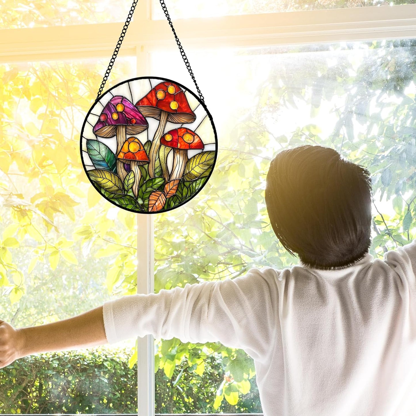 Stained Glass Window Hanging, Mushroom Leaves Suncatcher for Doors Home Sun Catchers Decoration and Christmas, Mother's Day Birthday Gifts for Women, Men, and Mom 6.3 in