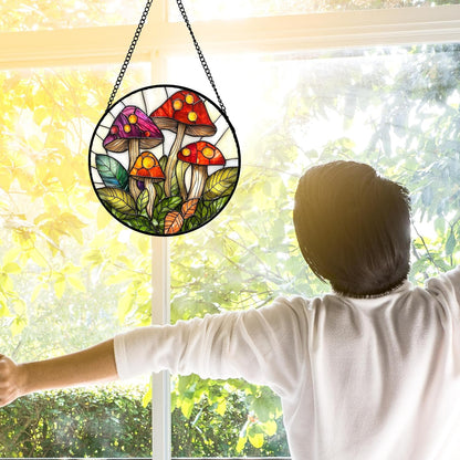 Stained Glass Window Hanging, Mushroom Leaves Suncatcher for Doors Home Sun Catchers Decoration and Christmas, Mother's Day Birthday Gifts for Women, Men, and Mom 6.3 in