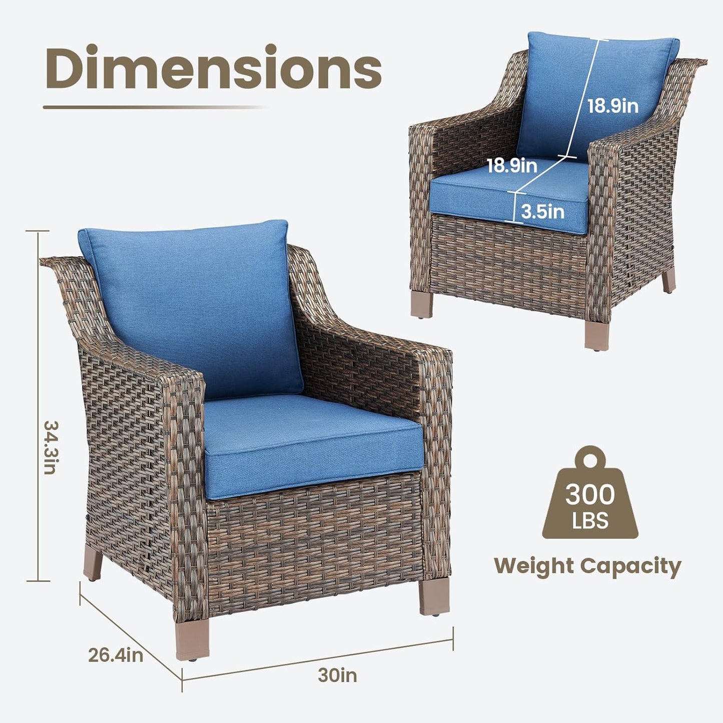 Outdoor Wicker Patio Chairs Set of 4 - Heavy Duty Outside Rattan Lawn Chair for Front Porch Balcony Backyard Yard Deck Poolside Apartment – Brown/Blue