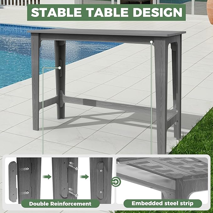 HDPE Outdoor Patio Bar Set with High Top Table and 2 Adirondack Chairs, All-Weather Bar Height Outside Rectangular Pub Furniture for Bistro, Garden, Backyard, Deck | 3-Pieces, Grey