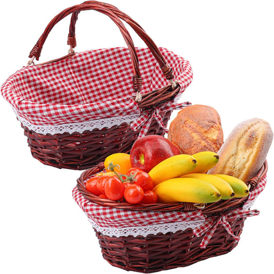 2 Pack 12.6 Inch Brown Wicker Basket with Checkered Lining, Oval Wicker Woven Basket with Handle, Willow Woven Picnic Baskets for Picnic, Camping, Party(Small)