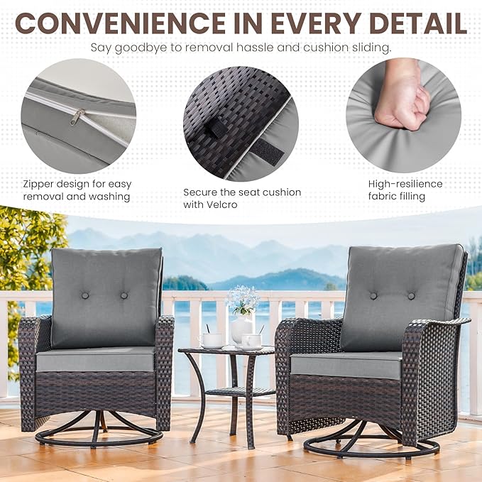 Gotland 3 Pieces Patio Set, Outdoor Swivel Chairs Set of 2 with 4'' Waterproof Cushions High Back Double-Layer Side Table, Wicker Rocking Patio Chairs Set of 2 for Balcony, Porch, Garden Gray