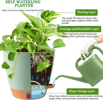 2 Pack 8 Inch Pots for Plants Indoor, Plastic Self Watering Planters with Drainage Holes, Water Level Indicator & Deep Reservoir, Decorative Flower Pots Indoor Outdoor Use (Green