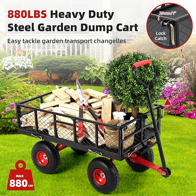 Heavy Duty 880 Lbs Steel Dump Utility Garden Cart, Steel Garden Wagon with Removable Mesh Sides and 10 inch Wheels, Dump Garden Carts with 180° Rotating Handle for Outdoor, Gardening, Farm