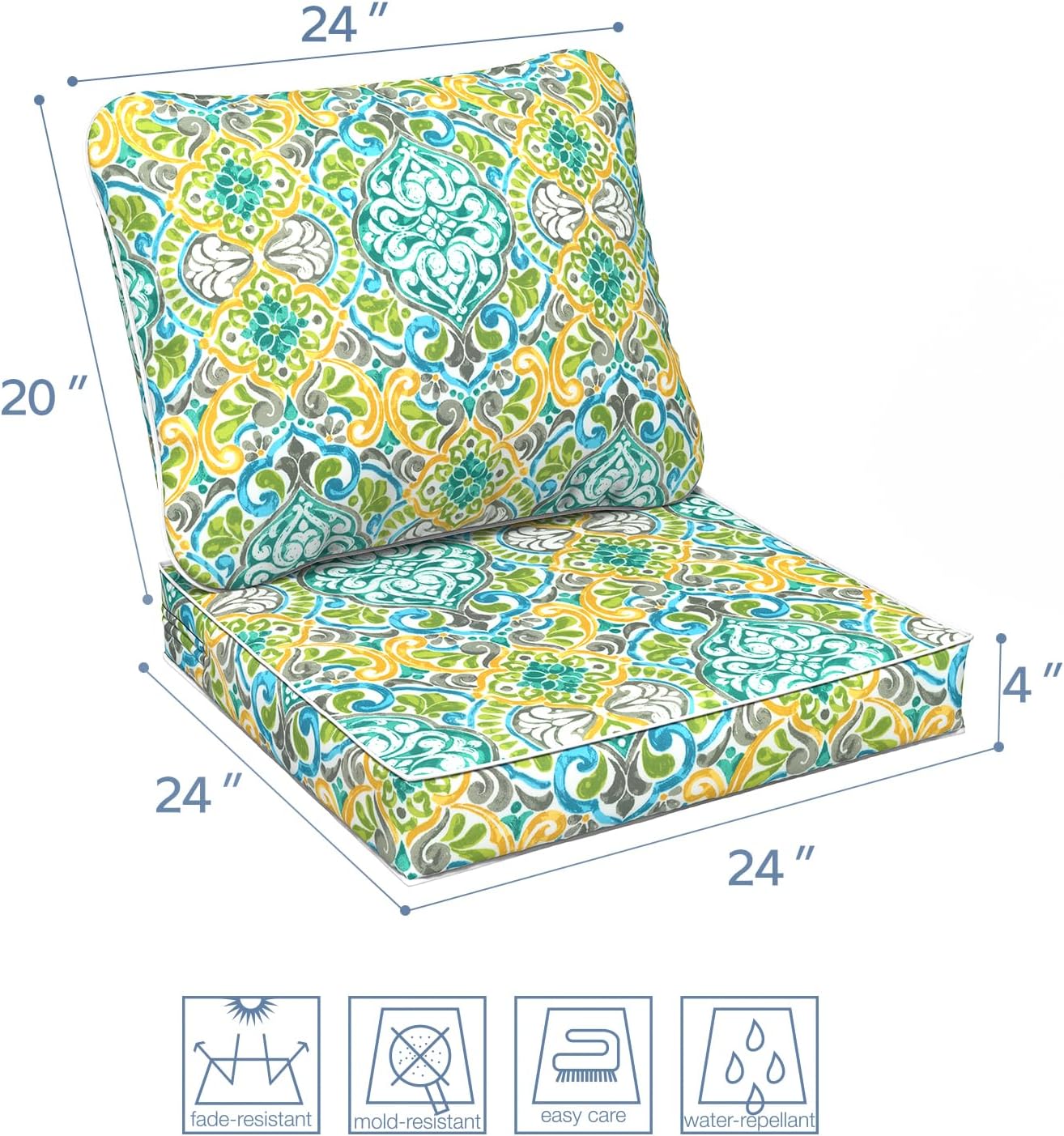 LVTXIII Outdoor Deep Seat Cushion Patio Seat and Back Cushion Set Seasonal Chair Cushion for Dining Arm Chairs, Wicker Chairs and Garden Furniture Decoration, 24"x24"x4", Damask Green