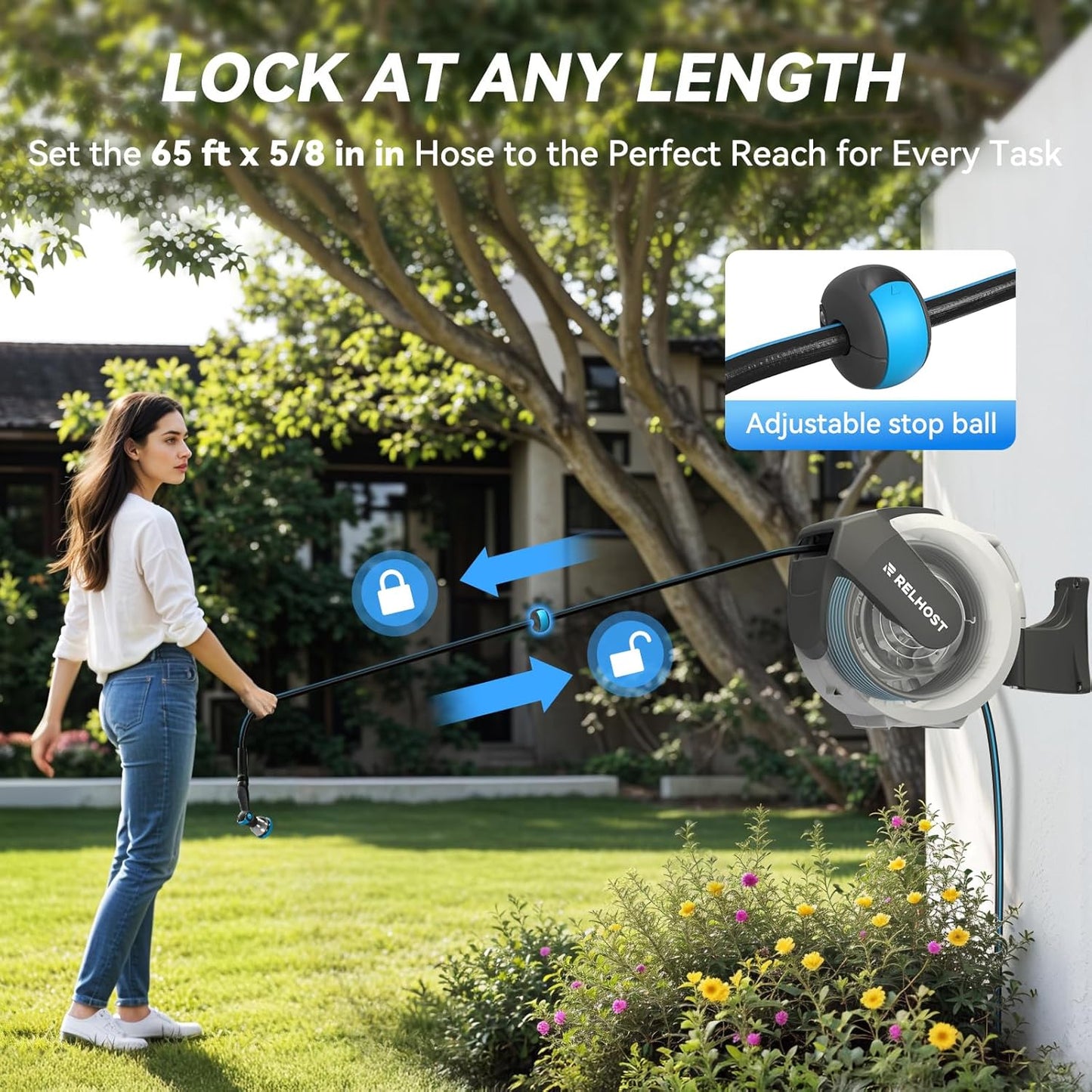 Retractable Garden Hose Reel 65 ft x 5/8 in, Heavy Duty Hose Reel Wall Mount with Any Length Lock, Auto Rewind System, 180° Swivel Bracket, 10-Pattern Garden Hose Nozzle, White & Grey