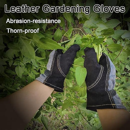 Leather Work Gloves for Women with Cotton Lining, Thorn Proof Gardening Gloves for TIG/MIG Welding, Construction (Black, Large)