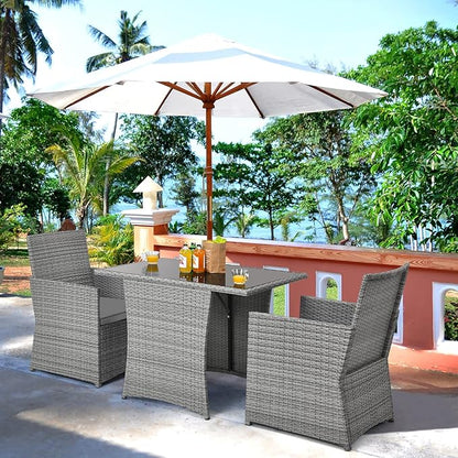 HAPPYGRILL 3-Piece Outdoor Wicker Bistro Set Space-Saving PE Rattan Dining Table Set with Cushioned Chairs, Patio Conversation Set for Backyard Porch Garden and Poolside