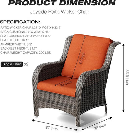 Joyside Outdoor Wicker Chair Rattan Patio Dining Chairs Set of 2 PE Wicker Patio Chairs with 4inch Seat Cushions Outdoor Patio Seating Chair for Garden, Backyard Deck(Mixed Grey/Orange)