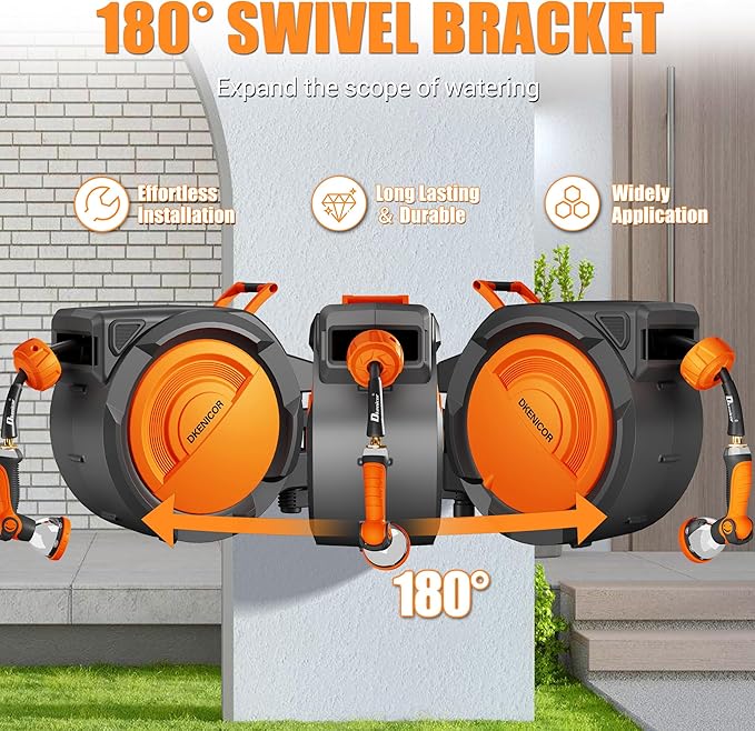 5/8" × 110 ft Retractable Hose Reel, Heavy Duty Retractable Garden Hose Reel Wall Mounted with 10-Pattern Hose Nozzle/Any Length Lock/Slow Return System/180°Swivel Bracket, Orange