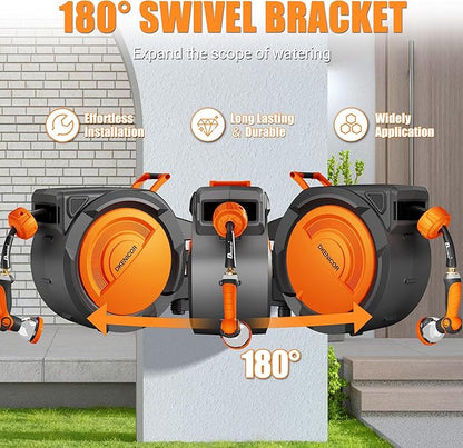 1/2" x 150 ft Retractable Hose Reel, Heavy Duty Retractable Garden Hose Reel Wall Mounted with 10-Pattern Hose Nozzle/Any Length Lock/Slow Return System/180°Swivel Bracket,Orange