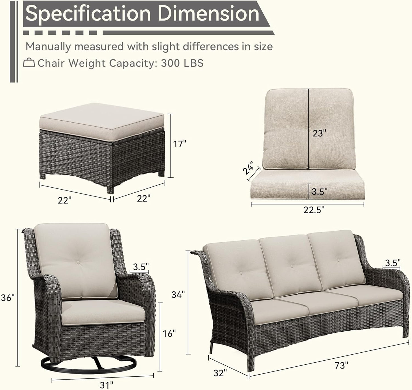 5 Pieces Outdoor Patio Furniture Set - Conversation Set Includes Wicker Swivel Rocker Chairs Set of 2, 2 Ottoman, 3 Seat Sofa, Suitable for Porch, Yard, Mixed Brown Rattan, Beige