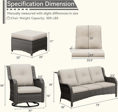 5 Pieces Outdoor Patio Furniture Set - Conversation Set Includes Wicker Swivel Rocker Chairs Set of 2, 2 Ottoman, 3 Seat Sofa, Suitable for Porch, Yard, Mixed Brown Rattan, Beige