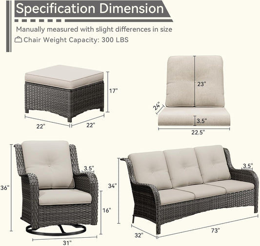 5 Pieces Outdoor Patio Furniture Set - Conversation Set Includes Wicker Swivel Rocker Chairs Set of 2, 2 Ottoman, 3 Seat Sofa, Suitable for Porch, Yard, Mixed Brown Rattan, Beige