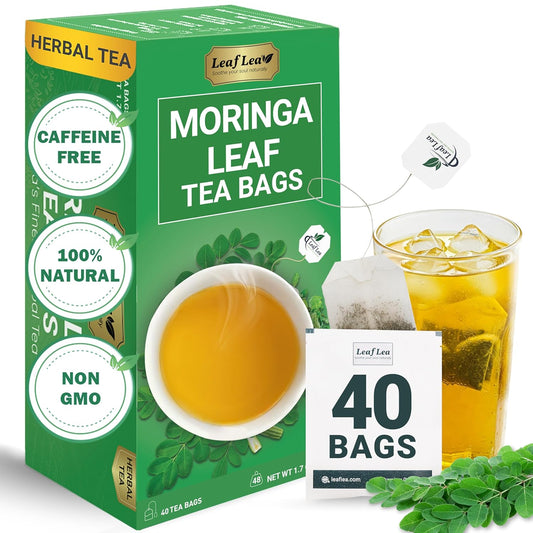 LeafLea 40 Moringa Tea Bags, 100% Natural and Pure Moringa Leaf Herbal Tea, Supports Digestion and Immune Health, Caffeine-Free, Sugar-Free, Vegan