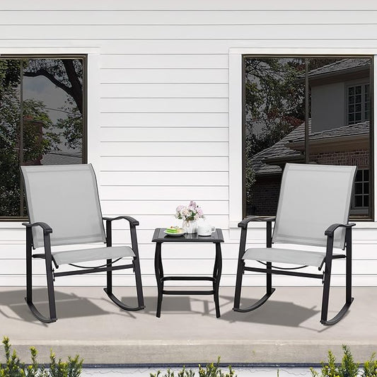 Shintenchi 3 Piece Rocking Bistro Set, Outdoor Furniture with Rocker Chairs and Glass Coffee Table Set of 3, Balcony, Porch Furniture for Small Space, Light Gray