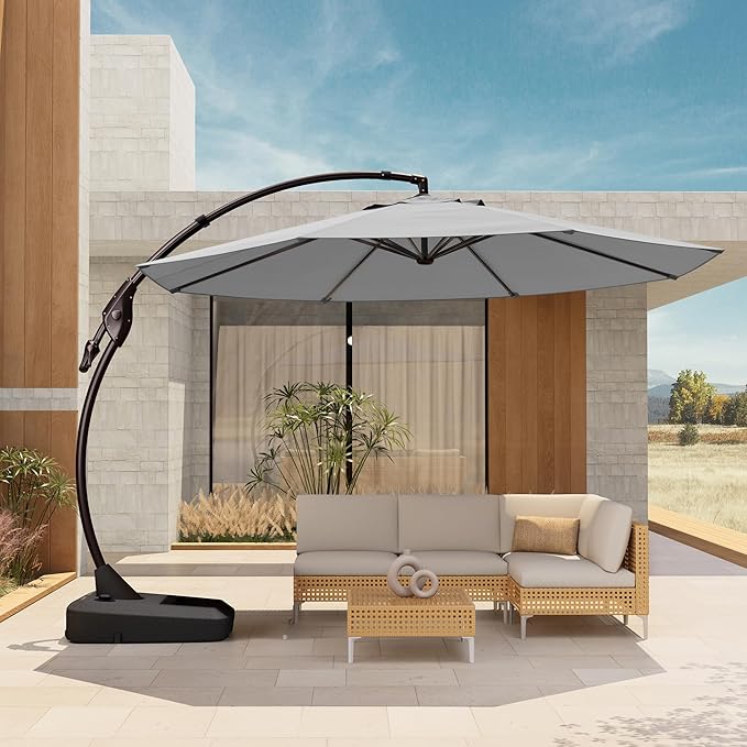 Grand patio 12 FT Sunbrella Outdoor Cantilever Umbrella with Base Patio Large Aluminum Offset Umbrella for Deck Yard (Granite-SUNBRELLA, 12 FT)