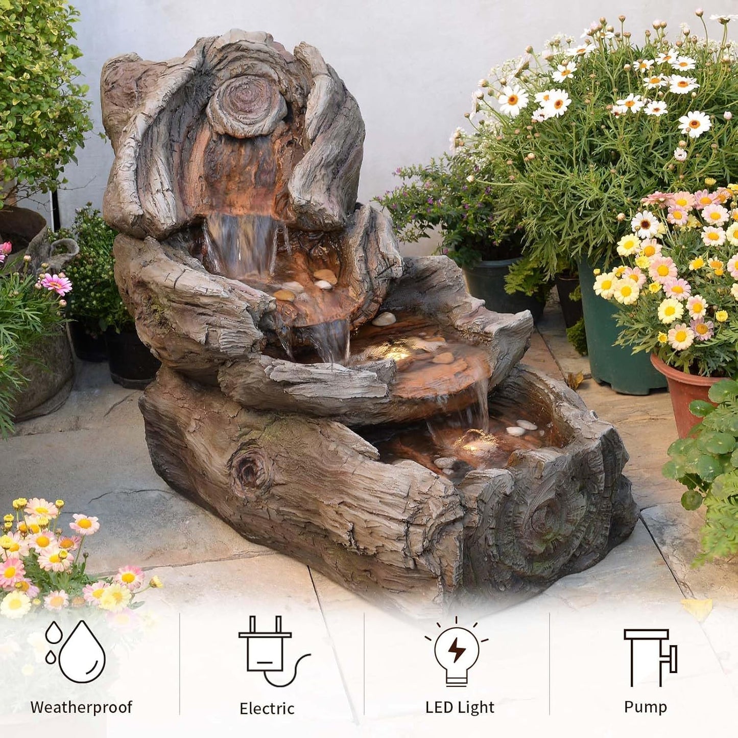 31.5" L Garden Water Fountain Outdoor, Artifical Imitation Wood Outdoor Water Fountain Natural Waterfall with LED Lights for Patio,Porch,Backyard,Home Art Decor（Resin）