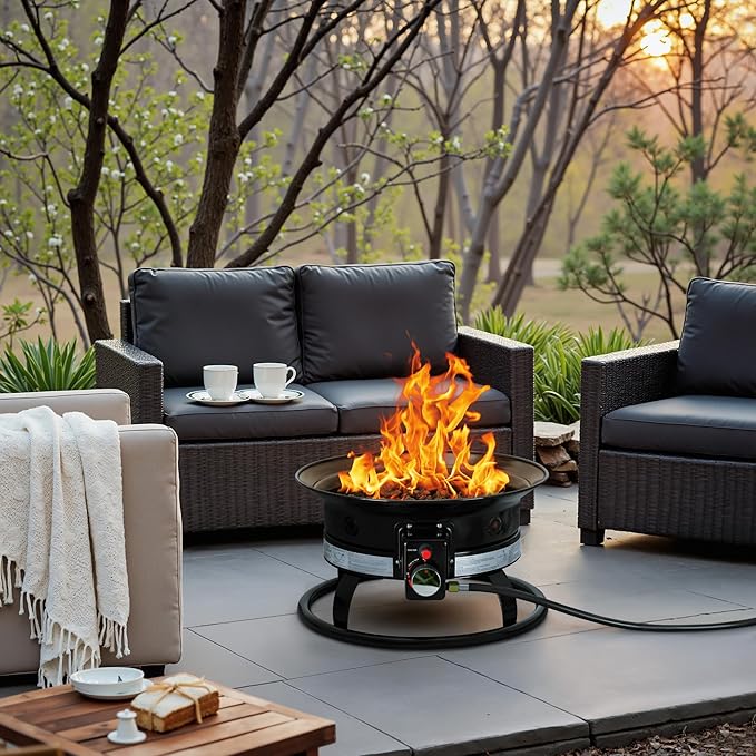 GUNJI Propane Fire Pit Smokeless 58000 BTU, 19-Inch Outdoor Portable Fire Table with Auto-Ignition for Patio Camping Deck Backyard, Includes Lid & Carry Kit