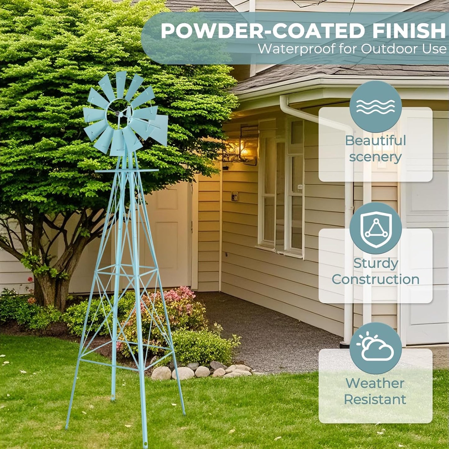 Outvita 8FT Ornamental Windmill for Yard, Heavy Duty Durable Metal Weather Vane Garden Decoration Weather Resistant for Garden, Farm, Seaside