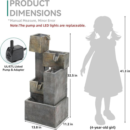 32.5" Modern Outdoor Water Fountain with LED Lights, 5-Tier Stacked Blocks Garden Fountain Cascading Waterfall Feature for Relaxing Garden, Patio, Backyard, Deck, Porch or Home Décor