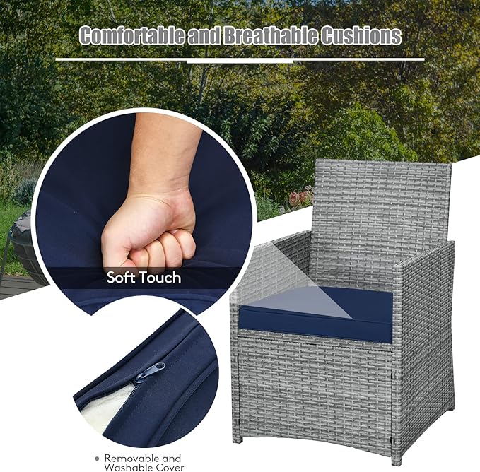 Tangkula 3 Pieces Patio Dining Set, Patiojoy Space-Saving PE Rattan Bistro Set with Tempered Glass Top Table and Cushioned Chairs, Outdoor Conversation Set for Garden, Backyard, Poolside, Porch