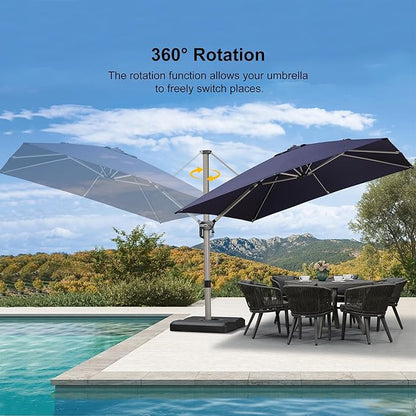 PURPLE LEAF 10FT Patio Umbrella with Base Cantilever Umbrella Square Outdoor Offset Umbrella with Champagne Frame and 360° Rotation for Garden Deck Pool, Navy Blue