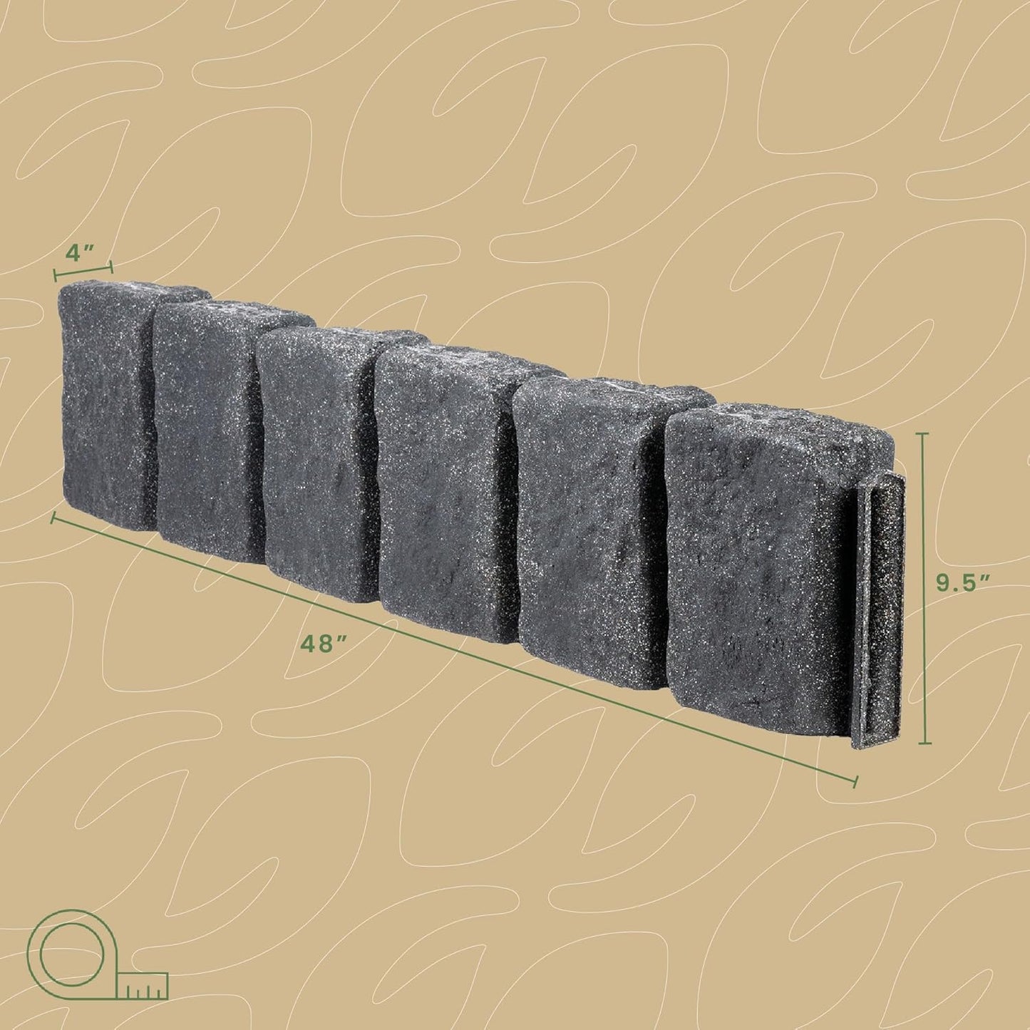 Beuta Landscape Edging | Garden Edging Border | Faux Stone Block XL for Lawn Edging, Flower Beds & Yard Edging – 40 Pack | Each Section Has 6 Blocks 48" L x 4" W x 9.5" H | 120 Spikes | Charcoal