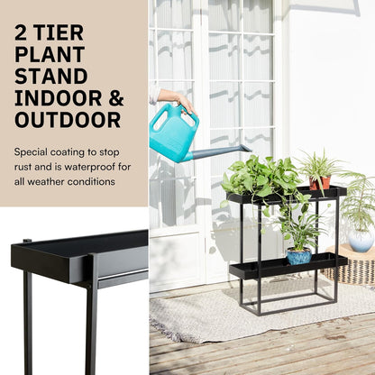 2 Tier Plant Stand Indoor Outdoor - 29 x 9 x 28 Inches Plant Shelf for Home and Office Decor - Narrow Plant Stand for Lawn, Patio, Balcony and Living Room - Heavy Duty Iron - Black