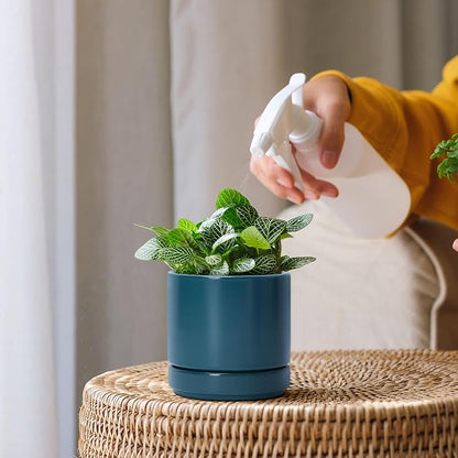 D'vine Dev 4.7 Inch Ceramic Planter Pot with Drainage Hole and Saucer, Indoor Cylinder Round Planter Pot, Teal, 94-O-B-9