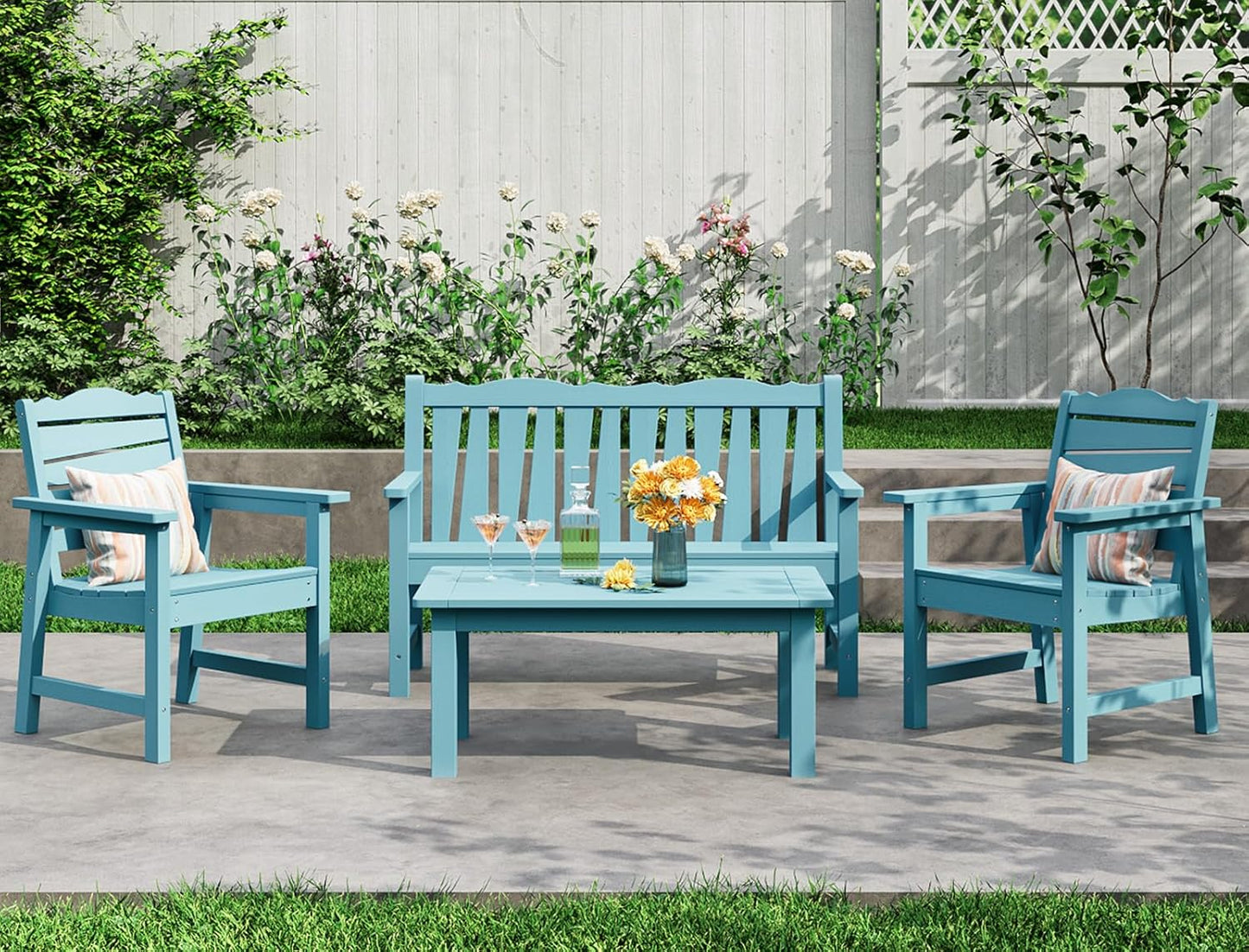 Patio Chairs Set, Weatherproof HIPS Outdoor Furniture, Include 2 Patio Dining Chairs + Outdoor Bench, Suit for Garden, Porch, Lawn & Backyard (Lake Blue)