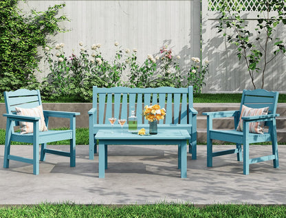 Patio Chairs Set, Weatherproof HIPS Outdoor Furniture, Include 2 Patio Dining Chairs + Outdoor Bench, Suit for Garden, Porch, Lawn & Backyard (Lake Blue)