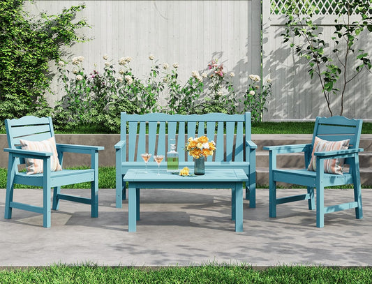 Patio Chairs Set, Weatherproof HIPS Outdoor Furniture, Include 2 Patio Dining Chairs + Outdoor Bench, Suit for Garden, Porch, Lawn & Backyard (Lake Blue)