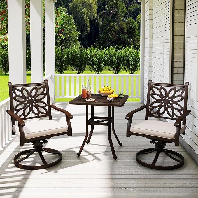 PHI VILLA 3 Pcs Cast Aluminum Patio Bistro Set, 2 Extra Wide Swivel Chairs with Cushion & 1 Square Bistro Dining Table with Umbrella Hole