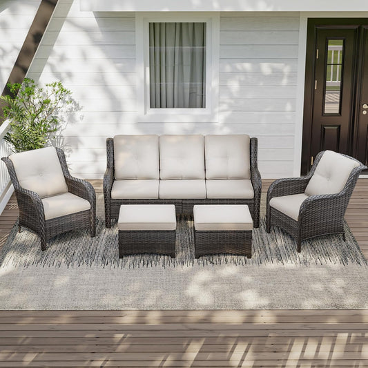Patio Conversation Set 5-PCS Wicker Outdoor Furniture Conversation Set with 3-Seat Sofa, 2 Armchair, 2 Ottoman Patio Rattan Wicker Sectional Sofa Set with Olefin Cushion, Beige