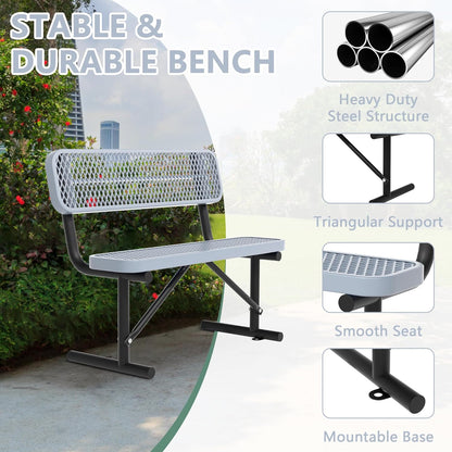 Heavy Duty Park Bench with Back Portable Frame, Outdoor Steel Bench with Backrest, Outdoor Park Bench Expanded Metal Mesh Bench for Lawn, Park, Deck, Garden, Patio, Porch, Black (Gray, 4FT)