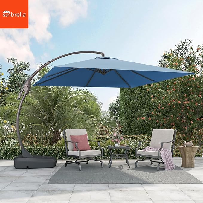 Grand patio 10X10 FT Sunbrella Offset Umbrella with Base Outdoor Square Aluminum Cantilever Umbrella with Easy Tilt Adjustment (Sapphire Blue, 10X10 FT-SUNBRELLA)