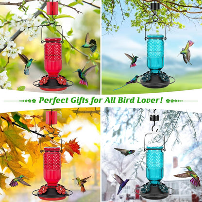 FEED GARDEN Glass Hummingbird Feeder for Outdoors Hanging, 16 OZ Humming Birds Feeders with 4 Bee Guard Feeding Ports & Built-in Ant Moat, Bird Feeder for Outside, Gifts for Women Mom, Red