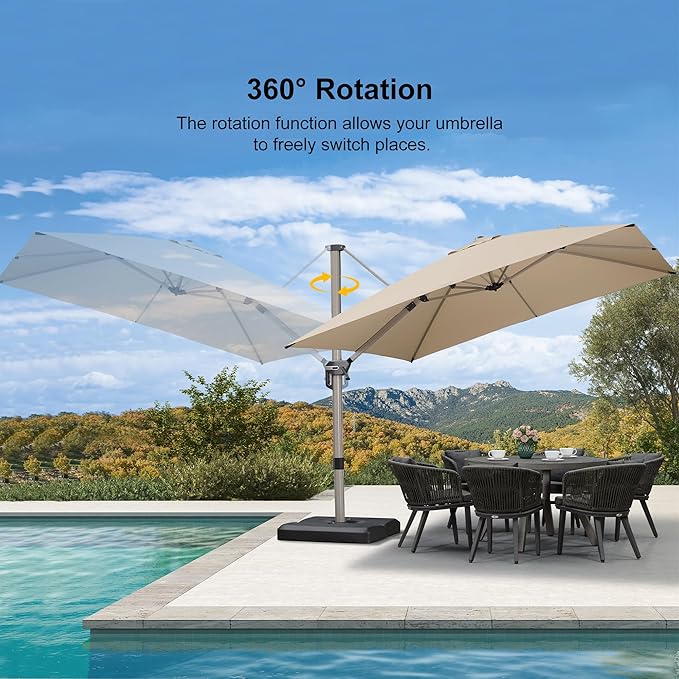 PURPLE LEAF 10FT Patio Umbrella with Base Cantilever Umbrella Square Outdoor Offset Umbrella with Champagne Frame and 360° Rotation for Garden Deck Pool, Beige