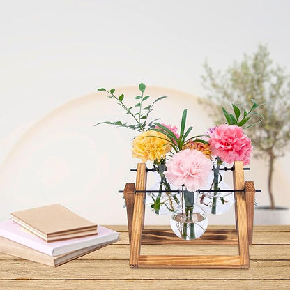 Plant Propagation Station Traveler's Glass Tabletop Planter with Vintage Wooden Stand 3 Bulb Vase for Hydroponic Plants Indoor Office Desktop Home Decor, Plant Stand (3 Bulbs)
