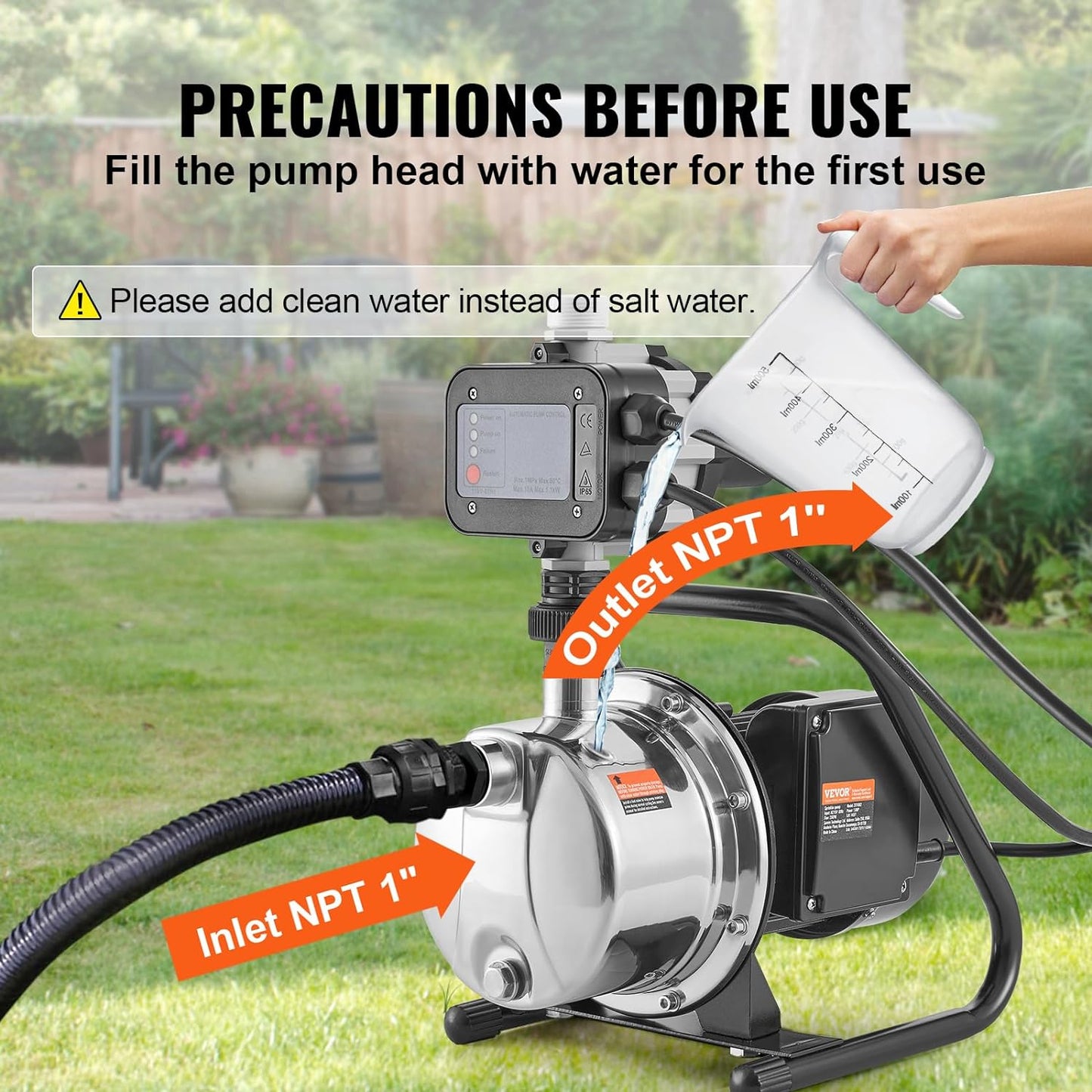 VEVOR 1HP Shallow Well Pump Portable, 1380 GPH Garden Jet Pump with Automatic Controller, 145 ft Head Stainless Steel Sprinkler Booster Pumps, for Garden Lawn Irrigation System, Water Transfer