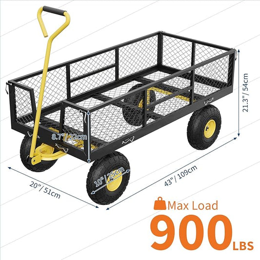 GarveeLife 900 LBS Garden Cart with Removable Mesh Sides, Heavy Duty Steel Garden Wagon with Adjustable Handles & 10 in Pneumatic Tires, Utility Wagon for Lawn Camping Farm Yard, Black+Yellow