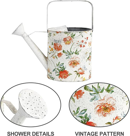 Vintage Floral Metal Watering Can, Decorative Watering Pot for Indoor Outdoor Plants, Shabby Chic Garden Watering Tool with Long Spout, Rustic Home Patio Decor