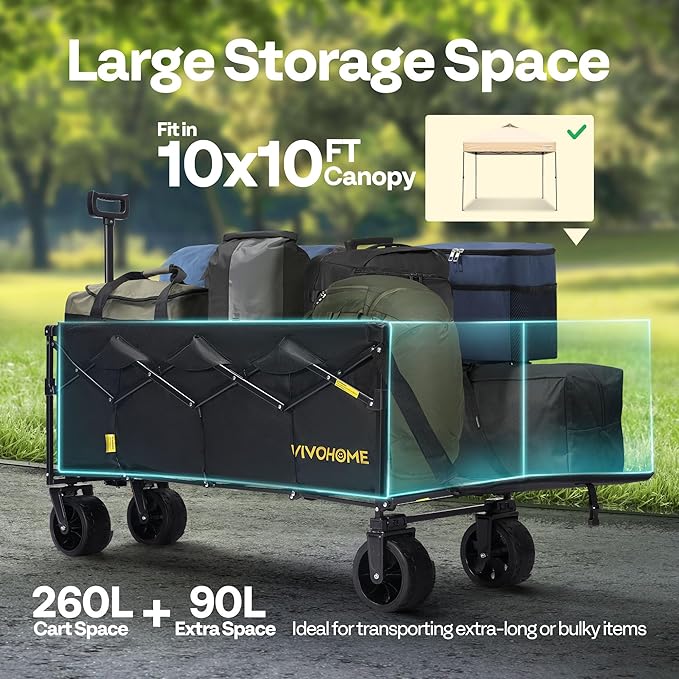VIVOHOME 48''L Extended Collapsible Wagon Cart with 440lbs Weight Capacity, Heavy Duty 350L Folding Utility Garden Cart with Extended Tailgate and Big All-Terrain Beach Wheels