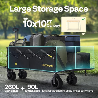 VIVOHOME 48''L Extended Collapsible Wagon Cart with 440lbs Weight Capacity, Heavy Duty 350L Folding Utility Garden Cart with Extended Tailgate and Big All-Terrain Beach Wheels
