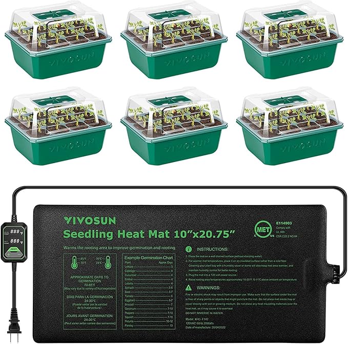 VIVOSUN 6-Pack Seed Starter Trays with 10"x20.75" Seedling Heat Mat, Self-Adjusting Dual Digital Display Temperature Controller, 72-Cell Seed Starter Kit with Humidity Dome, Reusable Propagation Trays