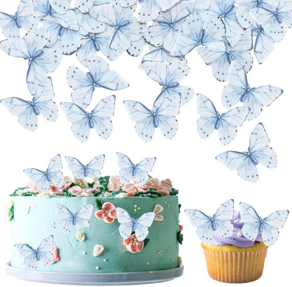 Ephlyn 48Pcs Edible Butterfly Cupcake Toppers Butterfly Cupcake Picks Edible Cupcake Decorations for Baby Shower Kids Birthday Party Cake Supplies Blue