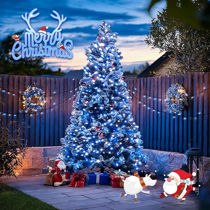 JMEXSUSS 2 Pack Blue & White Solar String Lights, Each 100 LED 33ft, Waterproof, 8 Modes for Outside Garden Patio Party Decoration