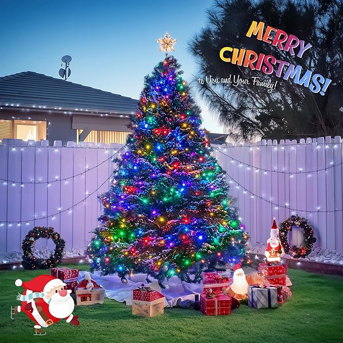 JMEXSUSS 2 Pack White & Multicolor Solar Christmas Lights Outdoor, Each 100 LED 33ft Solar Color Changing Lights Outdoor Waterproof for Christmas Tree Yard Decorations