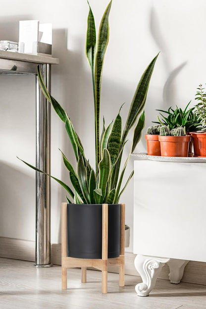D'vine Dev Planter Pot with Stand - 10 Inch Plastic Cylinder Flower Pot with Wood Planter Holder for Indoor, Matte Black Pot + Natural Stand, 55-C-M-2